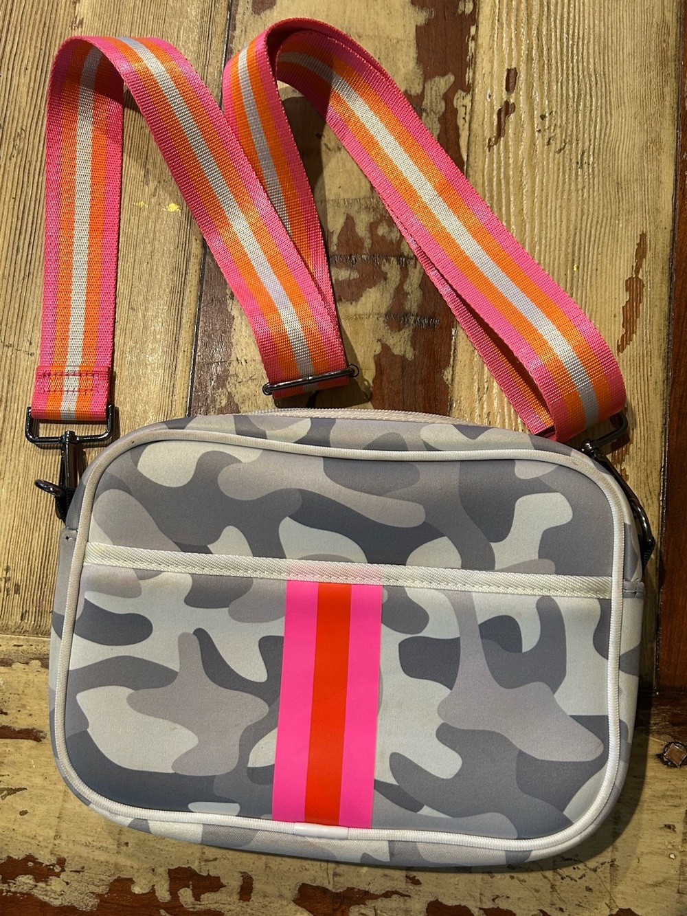 HAUTE SHORE Gray & Pink-Orange Stripe Camo Crossbody